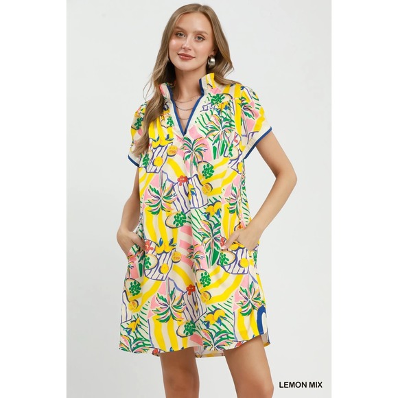 Umgee Dresses & Skirts - Umgee Tropical Print Collared Shift Dress - Lemon Mix - Large